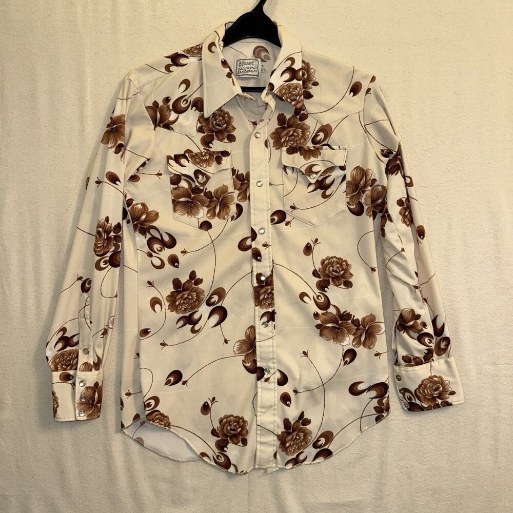 Vtg H Bar C 70s Western Shirt Men 15 1/2 Cowboy Disco Floral Groovy Rockabilly